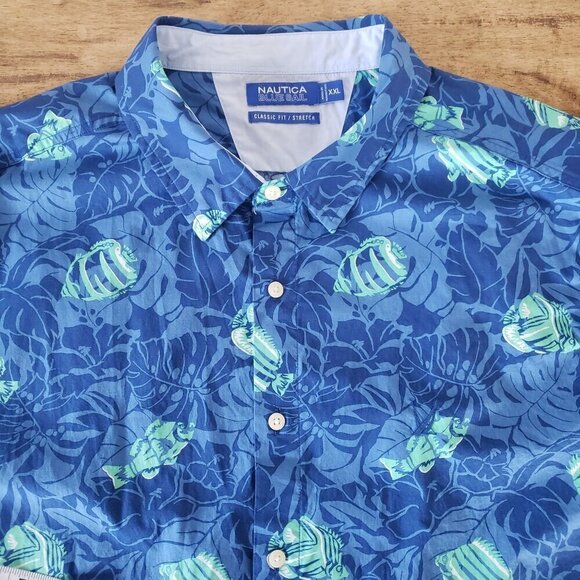 NWT Nautica Mens Classic Fit Stretch Button-Down Shirt XXL Blue Tropical Fish - Picture 9 of 10